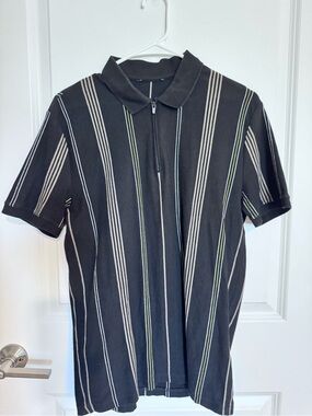 Express Black Short-Sleeve Zip Polo with Cream & Green Stripes